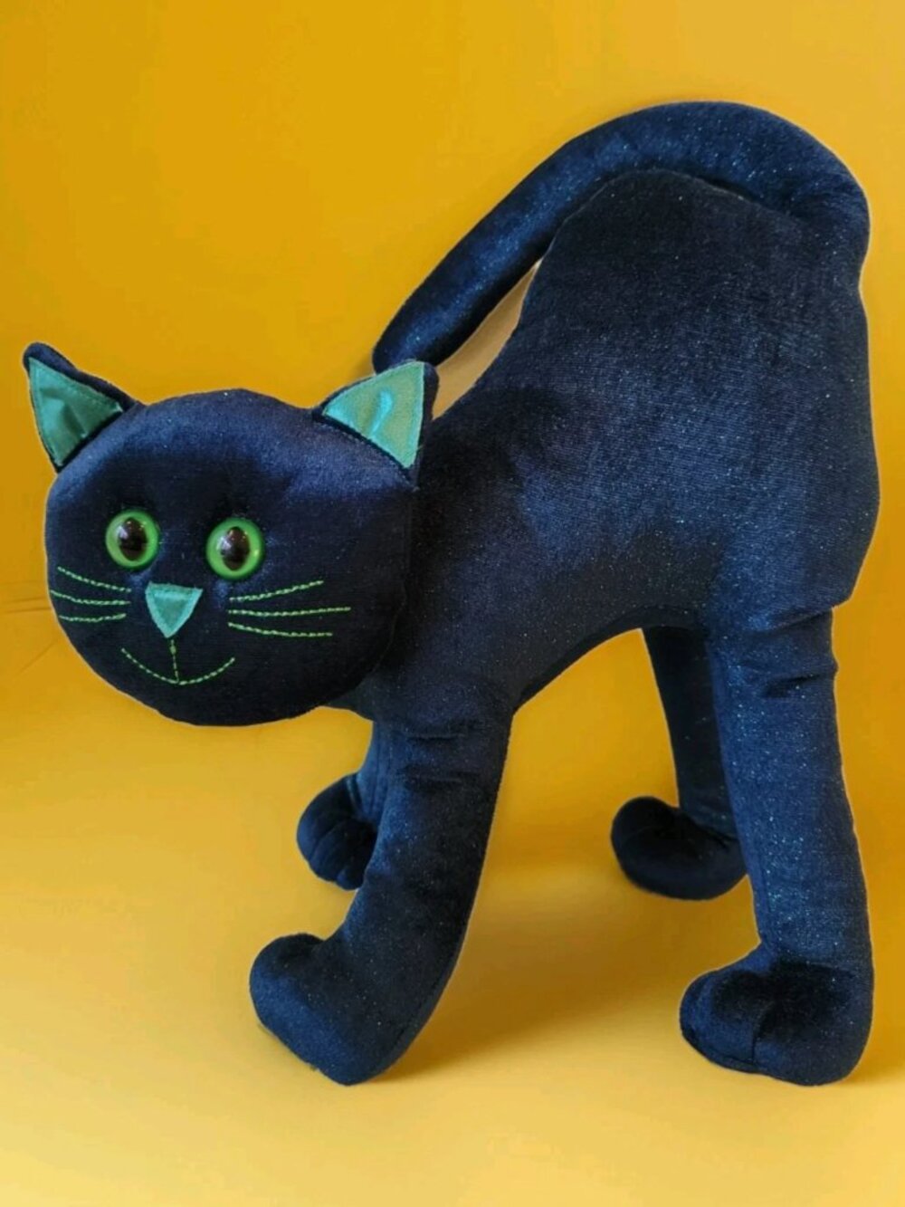 Whimsigoth Halloween Cat Plush Arched Back Teal Blue Sparkle Shimmer 13" Tall